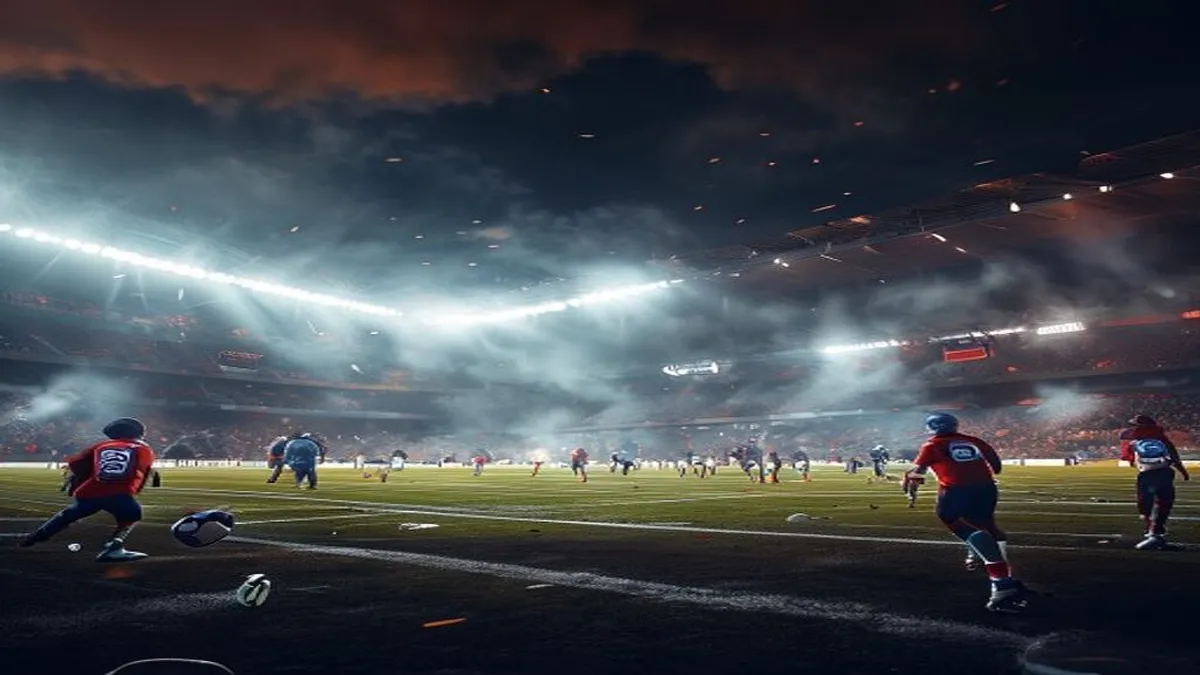 A football stadium with a White House logo in the background