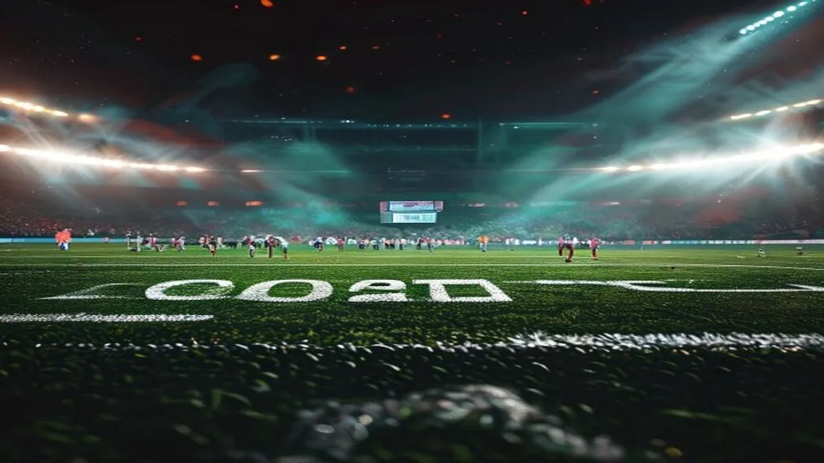 Image of NFL draft logo with football players in the background