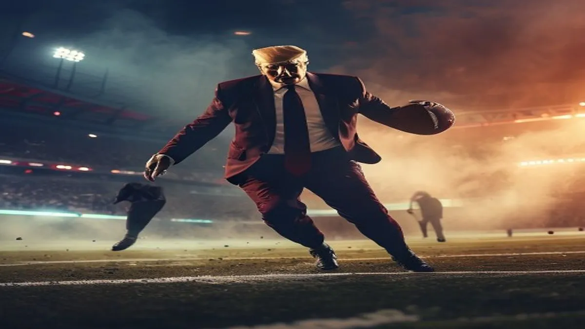 Donald Trump speaking at a college football event