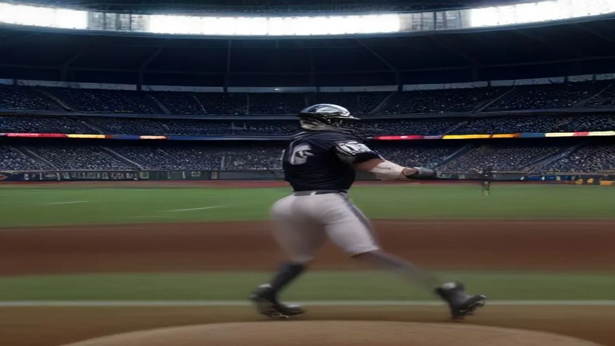 A dimly lit baseball stadium with a Yankees player at bat