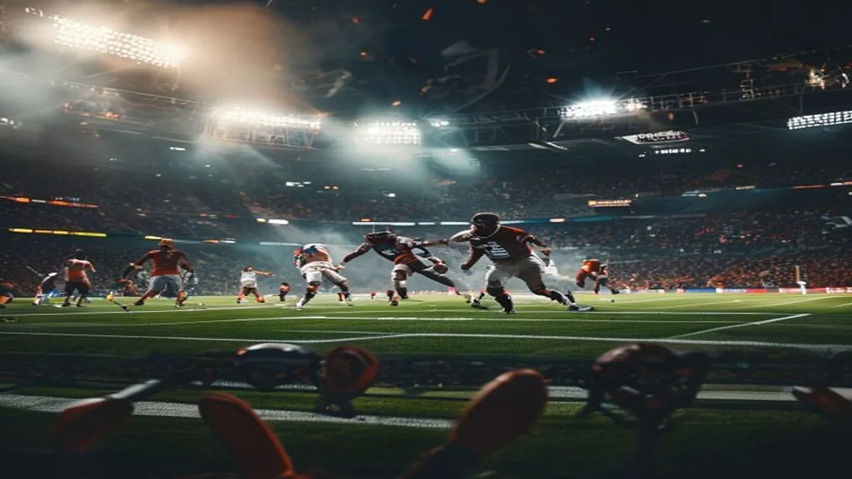 Football players on the field with a coach in the background