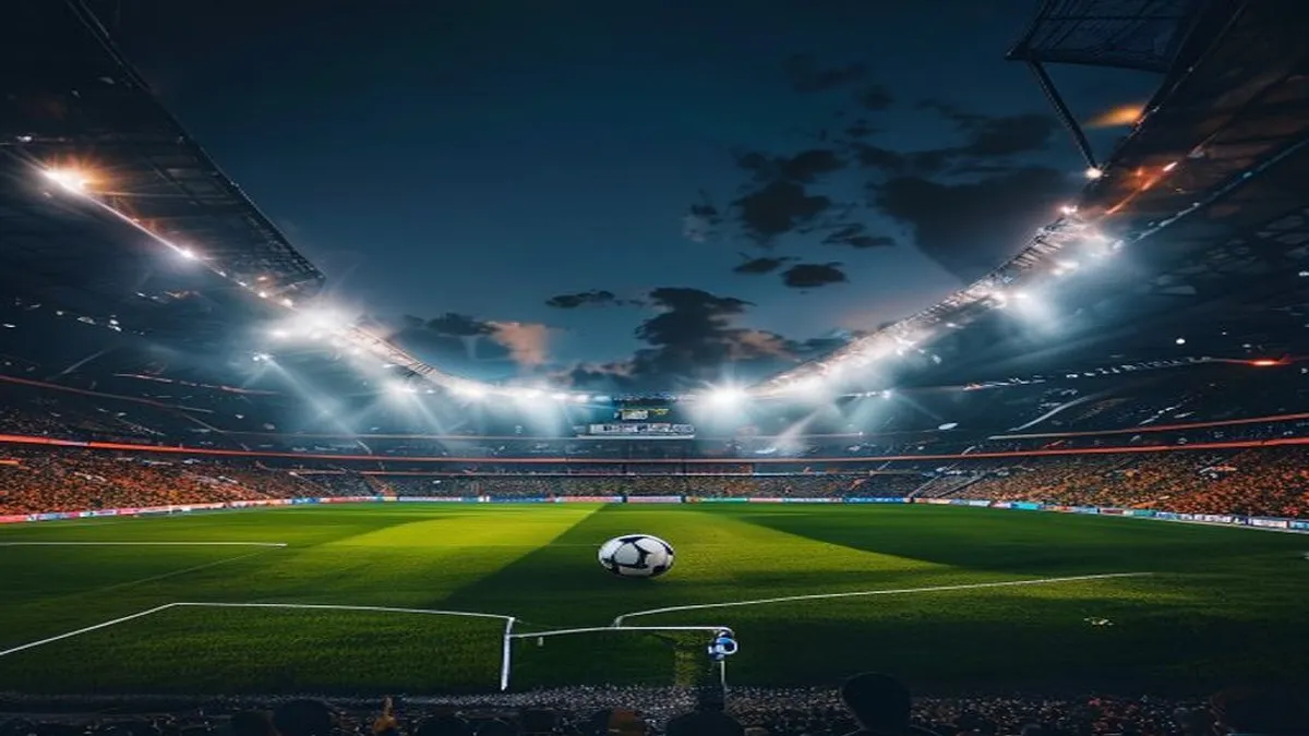 Premier League trophy and football stadium