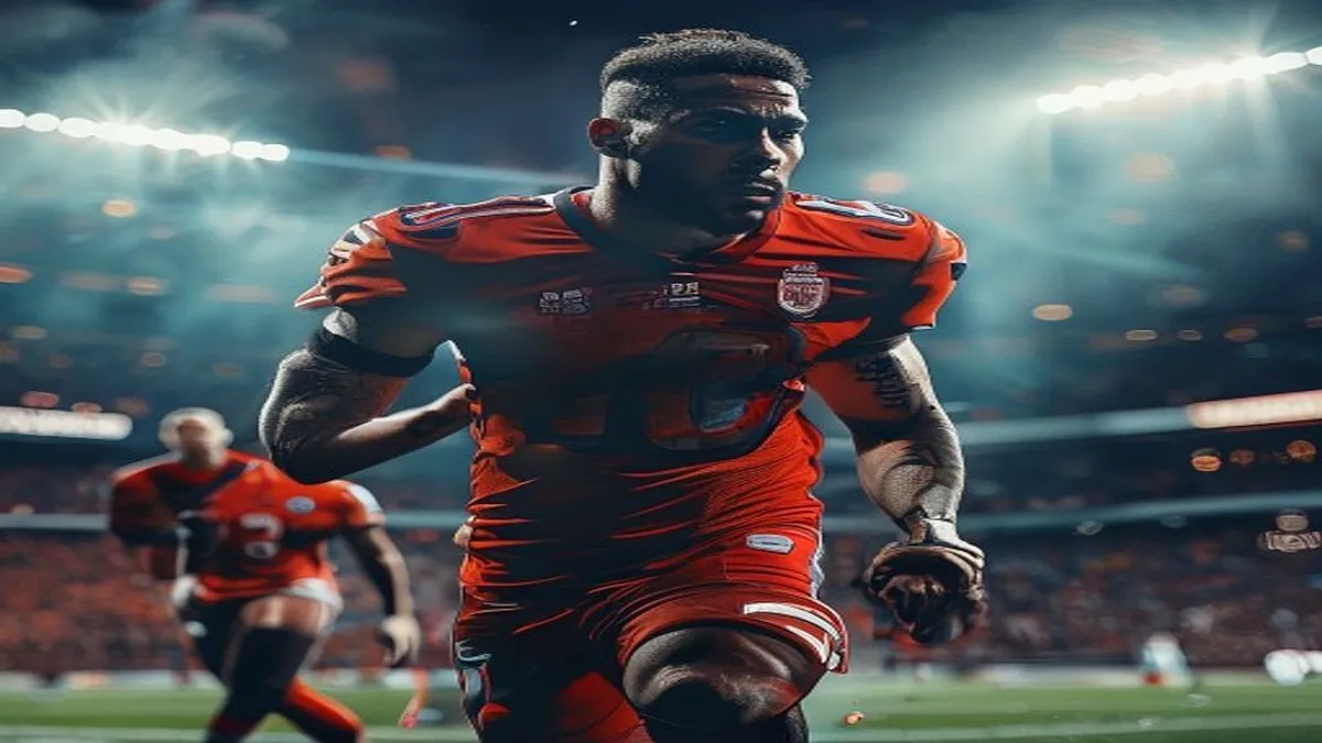 A photo of a college football player in action
