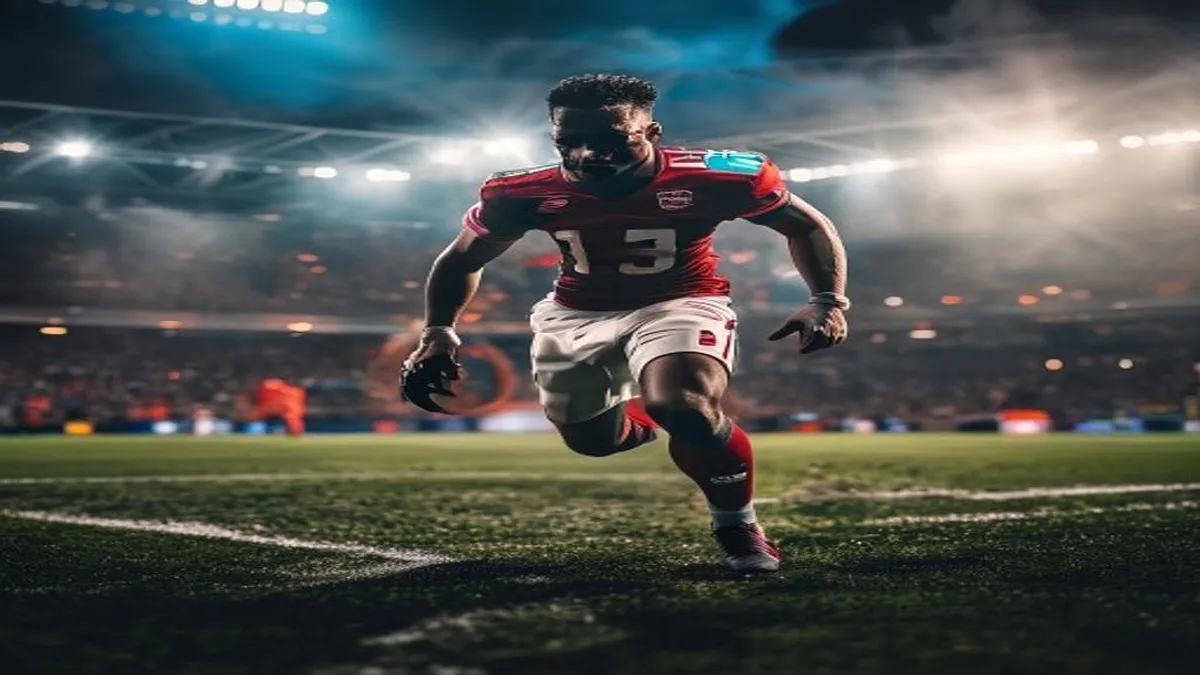 Steelers logo amidst a blurred background of a football field