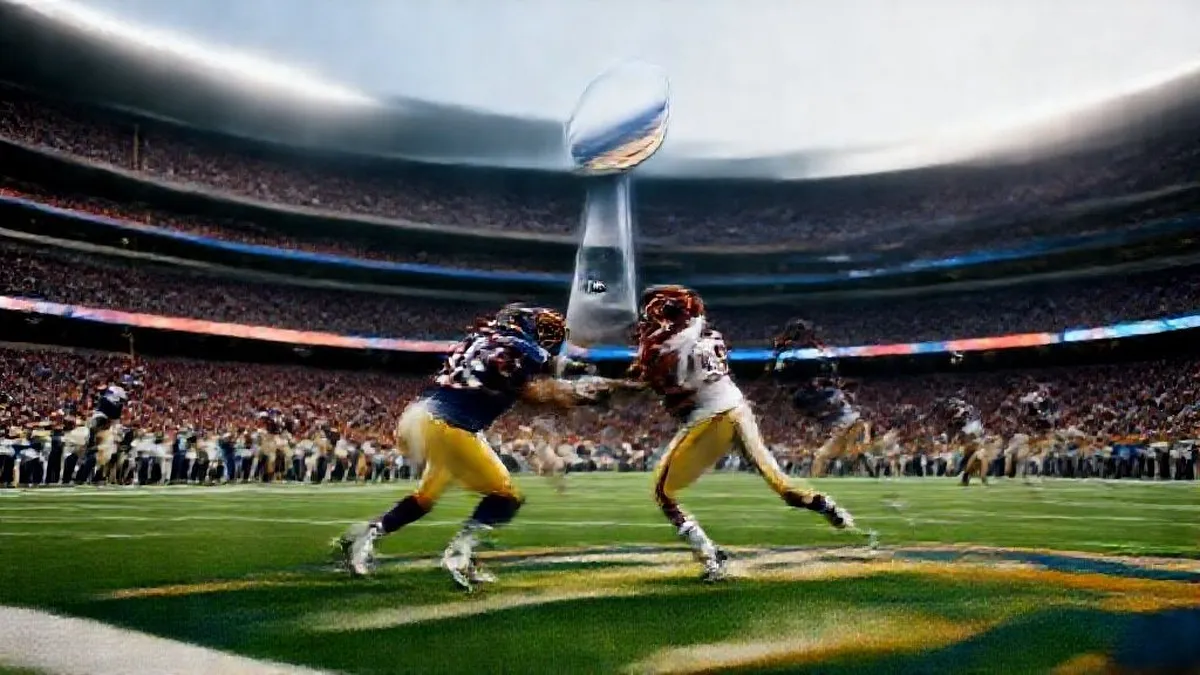 A packed stadium with fans cheering during the Super Bowl