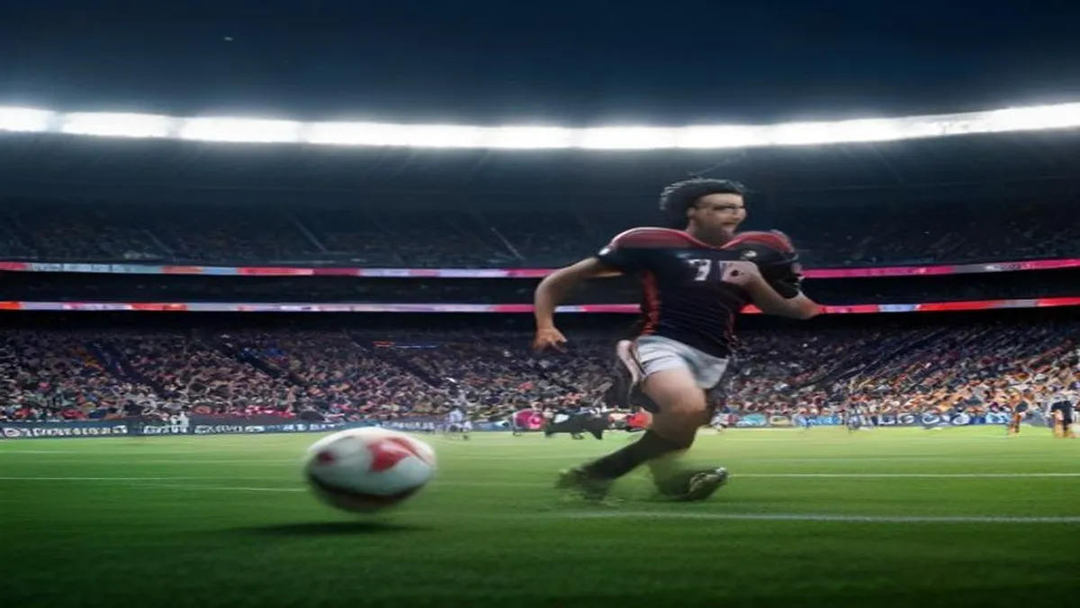 Football players in action with a referee in the background