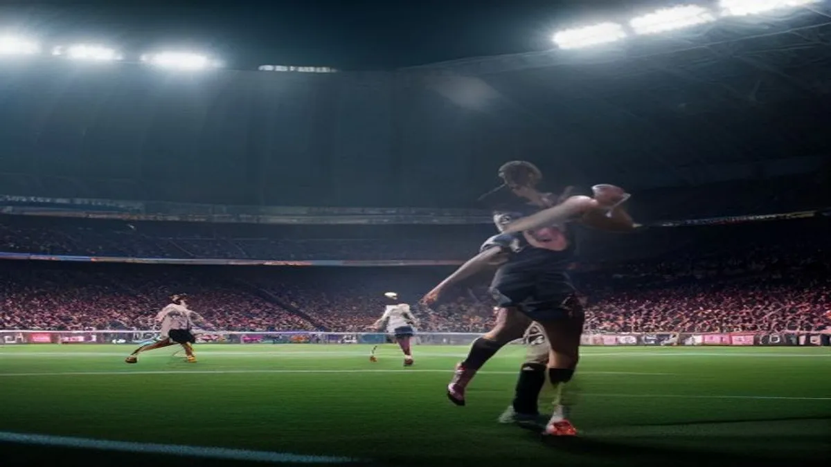 A football player in action, with a blurred background of a stadium