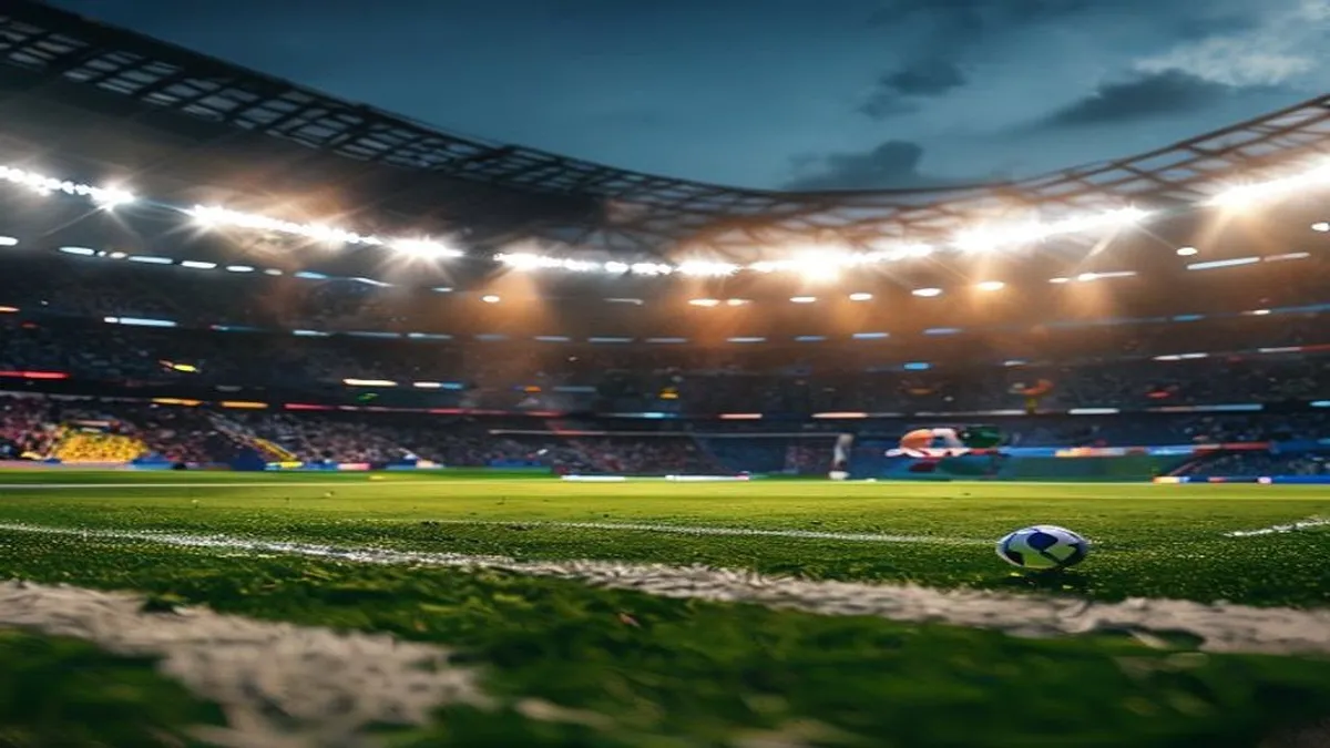 A photo of a football stadium with fans cheering